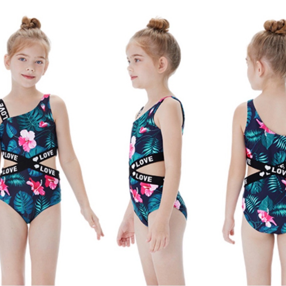 Kids' Floral Cutout One-Piece Swimsuit with LOVE Waistband - Blue/Pink